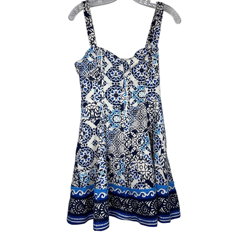 New AVEC LES FILLES Sz 4 Dress Blue White Tile Print Sundress Mini Coastal NWT